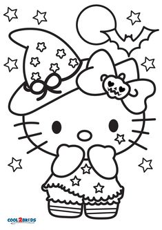 a hello kitty coloring page with stars and a hat on it's head, in black and white