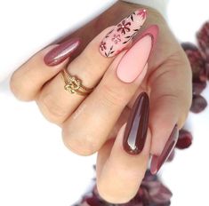 November Nails Colors, Fall Nail Designs, Floral Nails, Fancy Nails, Nails Ideas, Almond Nails