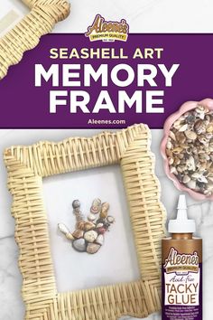 an image of seashell art memory frame with acrylic paint and glue on it