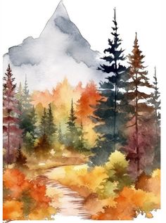 a watercolor painting with trees and mountains in the background