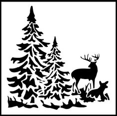 a black and white silhouette of two deer in front of a christmas tree with pine trees