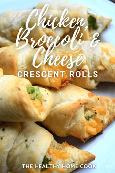 chicken broccoli and cheese crescent rolls on a white plate with text overlay