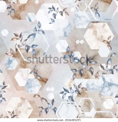 an abstract marble background with leaves and hexagons in shades of blue, beige and white