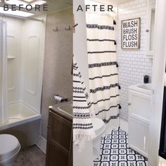 before and after photos of a bathroom remodel with white fixtures, black and white decor