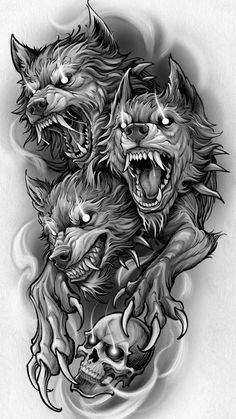 an ink drawing of three demonic dogs with their mouths open and fangs out in the air