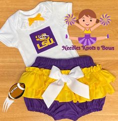 LSU Tigers Outfit for Baby Girls & Todders – Needles Knots n Bows University Outfit, Game Day Outfit, Louisiana State University, Louisiana State