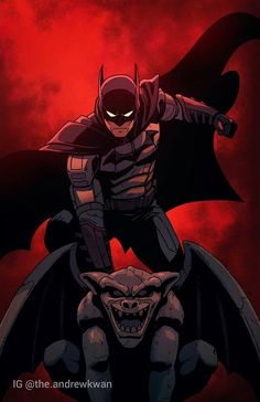 batman and the demon knight on top of each other in front of a red sky