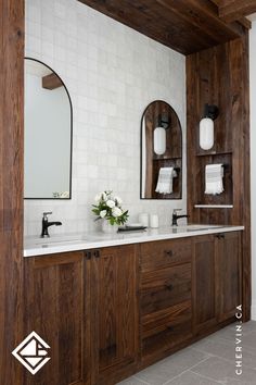 Modern-rustic bathroom design with a reclaimed hemlock vanity and wall niche and a white countertop. Cottage Build, Bathroom View, Wall Niches, Slab Doors, White Tile Backsplash, Bathroom Vanity Designs, Rustic Bathroom Vanities, Black Kitchen Faucets