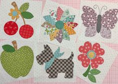 four pieces of quilted fabric with different patterns and designs on them, each featuring an apple