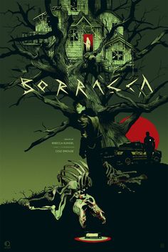 a poster for the horror movie berkka, with a creepy tree and house in the background