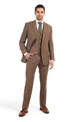 A brown suit in a stretch wool blend fabric with two buttons and a notch lapel. Light Brown Suit, Dark Brown Shoes, Brown Suit, Gray Wool Coat, Brown Suits, Tuxedo Suit, Three Piece Suit, Tuxedos, Coat Pant