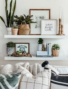 a living room filled with lots of furniture and plants on top of white shelving