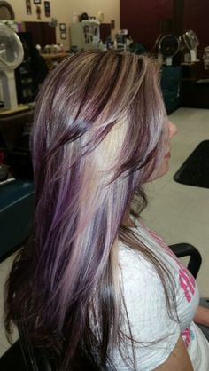 2000s Hairdye, Blonde And Purple Highlights Brown Hair, Purple Black And Blonde Hair, Early 2000s Hair Color, Punk Hair Color Ideas Grunge, Purple Racoon Tail Hair, Purple And Platinum Hair, Skunk Hair Purple, Purple Hair Streaks Blonde