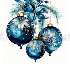 blue christmas ornaments hanging from a tree branch with snowflakes and pine cones on them