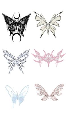 four different types of butterfly tattoos on a white background, each with wings and flowers