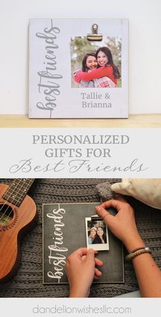 personalized gifts for best friends are displayed on a shelf next to a guitar and an album