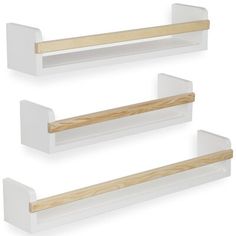 three white shelfs with wooden shelves on each side and one above the other, set of 3