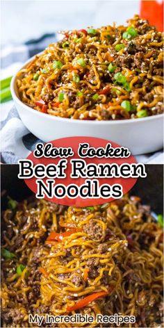 beef ramen noodles in a white bowl with the words slow cooker beef ramen noodles