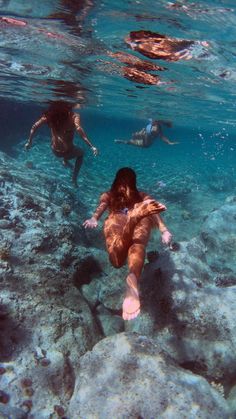 two people are swimming in the ocean with rocks and corals on the bottom half