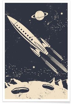 a space shuttle flying through the sky with saturn in the background and stars around it