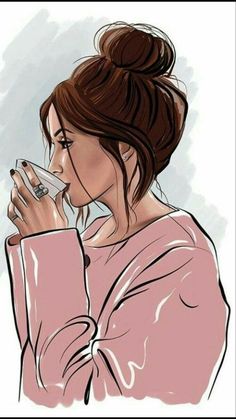 a drawing of a woman drinking from a cup with her hand on her face and looking down