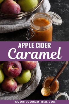 two bowls filled with apples and caramel on top of a black counter next to a jar