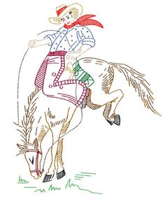 a drawing of a man riding on the back of a horse with a red hat