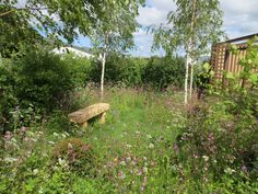 a wooden bench sitting in the middle of a lush green field filled with wildflowers