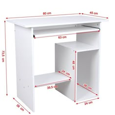 a white desk with measurements for the top and bottom section, including one shelf on each side