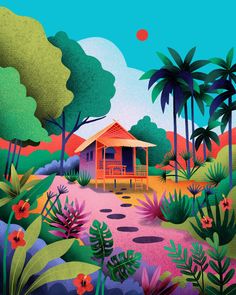 a painting of a small house in the middle of a tropical forest with palm trees