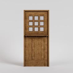 an open wooden door with glass panels on the top and bottom panel, against a white background