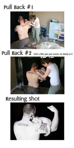 three pictures showing the different stages of an adult's back and shoulder, with instructions on how to do it