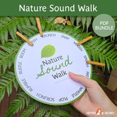 the nature sound walk is shown in front of a fern leaf with words on it