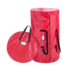 a large red bag next to a round object