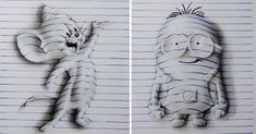 two drawings of cartoon characters, one with an angry face and the other with a striped shirt