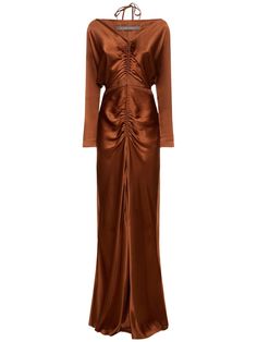 Gathered front panel with adjustable drawstring. Front cutout. Front slit at hem. Model is wearing a size36 Midi Dress Brown, Satin Dress Long, Designer Drapes, City Dress, Satin Midi Dress, Alberta Ferretti, Shearling Jacket, Dress Cuts, Batwing Sleeve