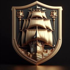 an image of a golden ship in the middle of it's shield on a black background