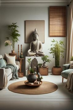 Discover the art of transforming your home into a serene sanctuary with Buddha decor ideas.   Picture this: You’re walking back home after a day that felt like a whirlwind—your mind buzzing with to-dos, meetings, and endless notifications.  But the moment you step inside your home, something shifts.   There’s a gentle whisper in the air inviting you to drop your day at the door and wrap yourself in tranquility.  Learn how to infuse your space with tranquility! Buddhist Room Decor, Spiritual Decor Ideas Home, Zen Decorating Ideas, Buddha Decor Ideas, Zen House Decor, Mindfulness Space, Mindfulness Room, Buddha Living Room, Design Front House