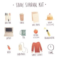 the study survival kit is shown in this graphic style, and includes items for each student to use