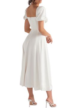 Freshen up your garden-party style in a stretch-poplin midi dress with puff sleeves, corsetry boning and a thigh-baring slit for a sweet, seductive vibe. Exclusive retailer 45 1/2" length Square neck Short sleeves Lined 65% cotton, 32% nylon, 3% elastane Dry clean Imported Confirmation Dresses, Puff Sleeve Midi Dress, Midi Sundress, Beautiful Figure, Split Maxi Dress, Graduation Outfit, House Of Cb, Sleeve Midi Dress, Puffed Sleeves Dress