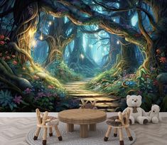 an image of a forest scene wall mural