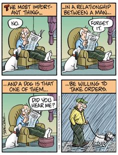 a comic strip with an older man sitting in a chair reading a newspaper and talking to his dog