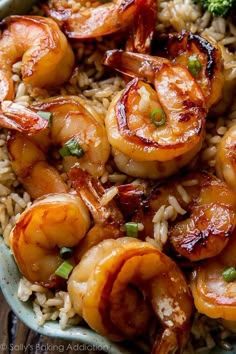 shrimp and rice on a plate with green onions