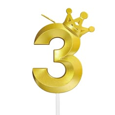 the number three is gold with a crown on it's top, and sits atop a white stick