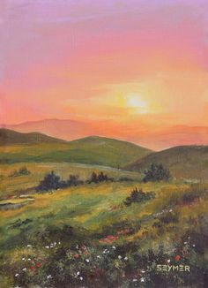 an oil painting of the sun setting over a green field with wildflowers and mountains in the background