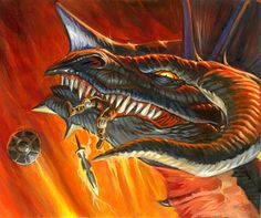 a painting of a dragon with its mouth open and it's head in flames