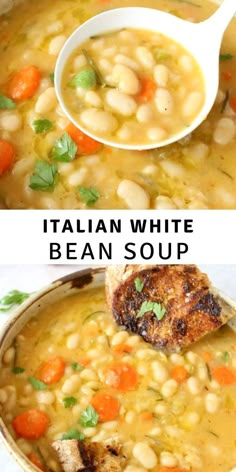 two pictures with different types of soup in them