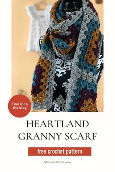 a crocheted scarf with the text, heartland granny scarf free crochet pattern