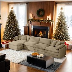 a living room filled with furniture and christmas trees