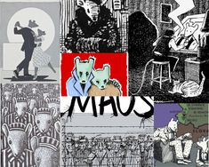 an image of art collages with people and animals in the middle one has words that read maus on it